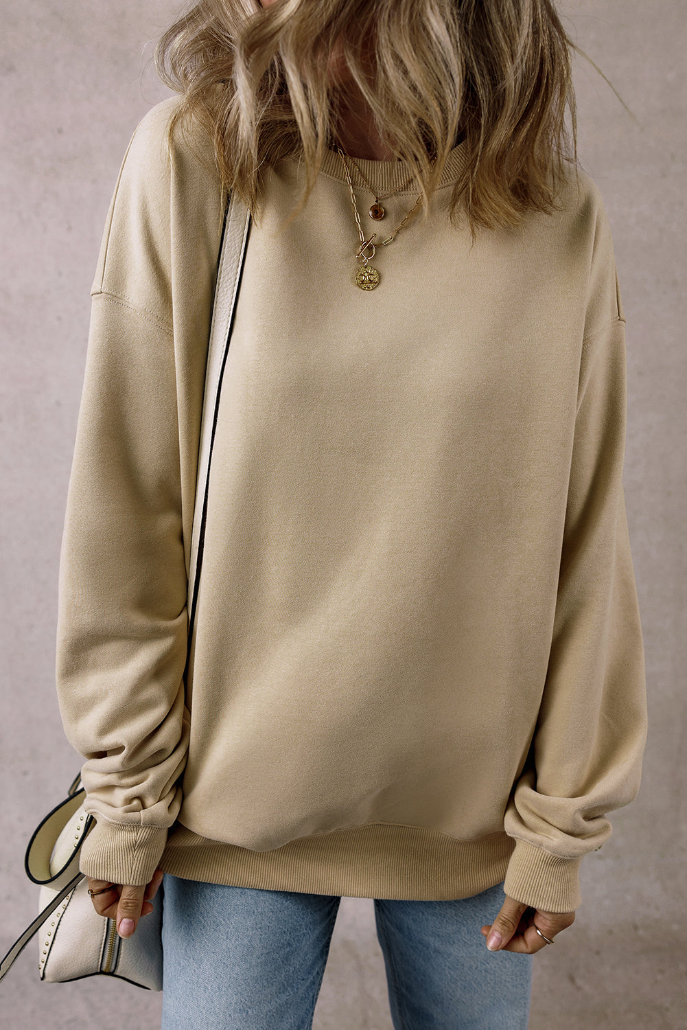 Solid Loose Crew Neck Fleece Sweatshirt