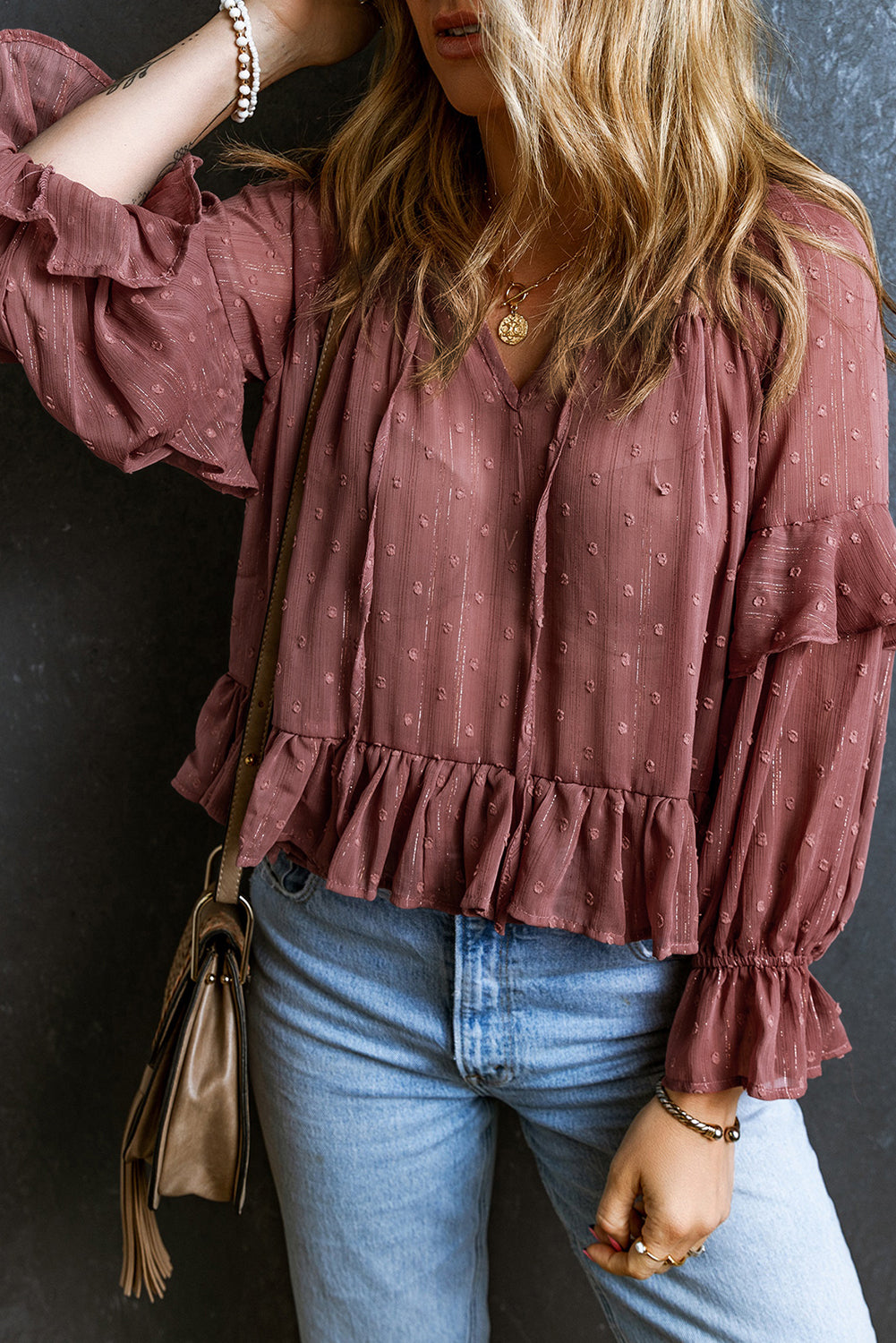 Swiss Dot Lace up V Neck Ruffled Blouse