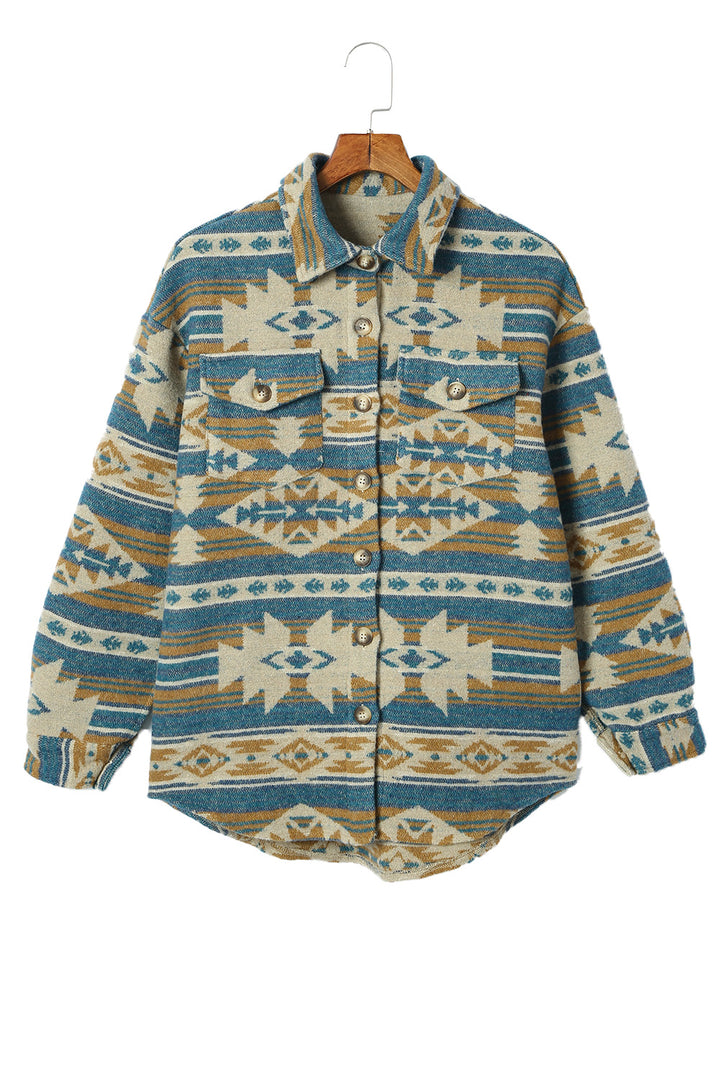 Western Aztec Print Button Flap Pocket Shacket