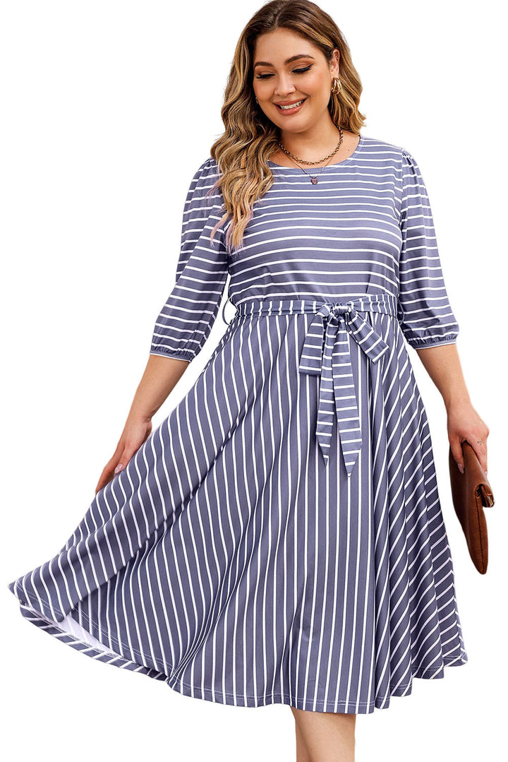 Striped Tie Waist 3/4 Sleeve Plus Size Dress