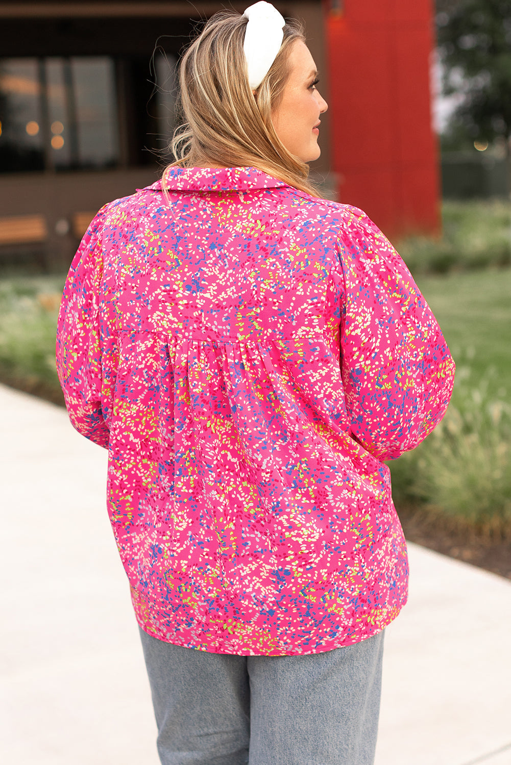 Plus Size Floral Print Puff Sleeve V Neck Blouse