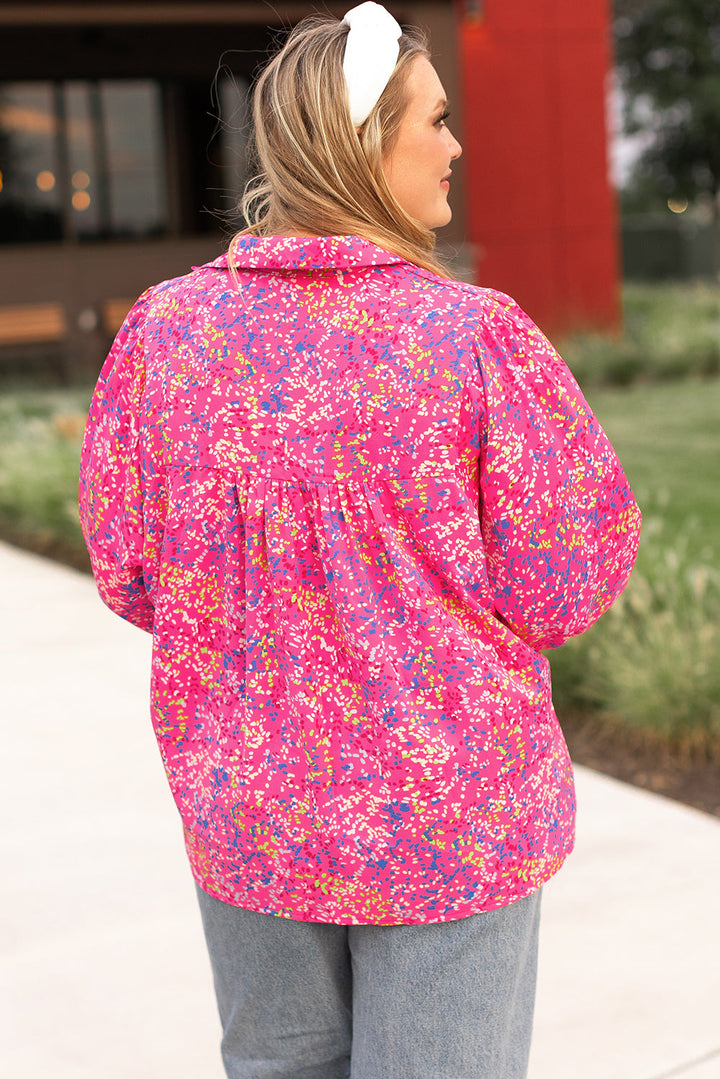 Plus Size Floral Print Puff Sleeve V Neck Blouse