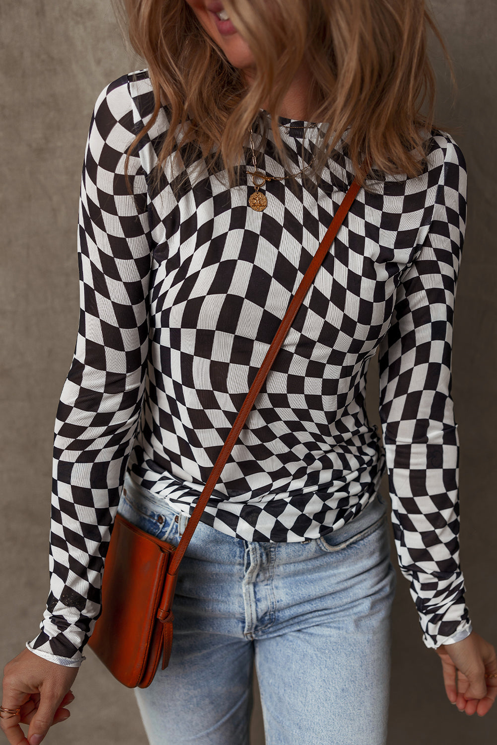 Checkered Pattern Mesh Mock Neck Long Sleeve Top