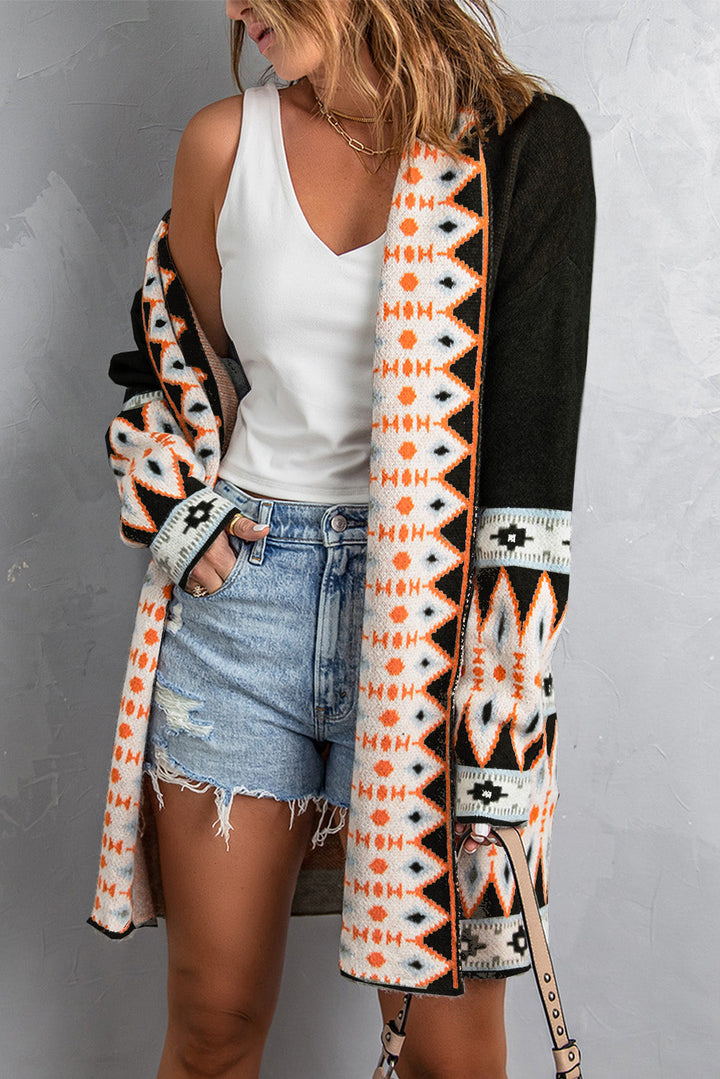 Aztec Print Open Front Knitted Cardigan