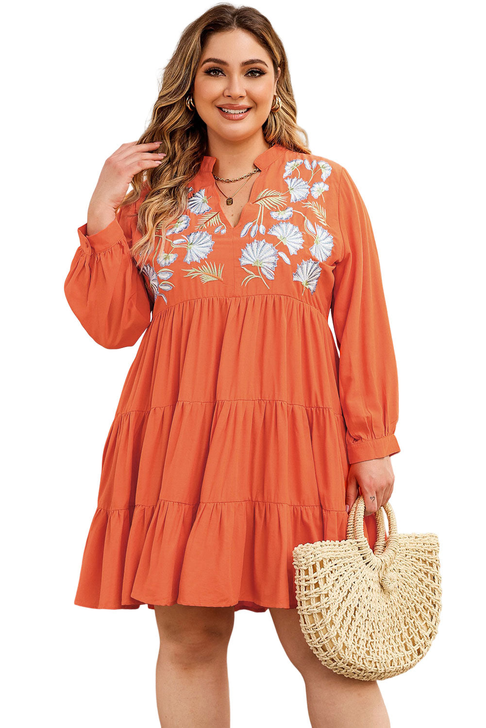 Plus Size Embroidered Tiered Ruffle Dress