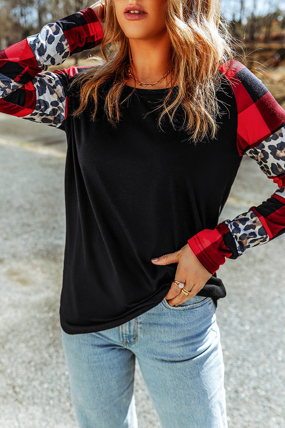 Off Shoulder Plaid&Leopard Print Long Sleeve Top