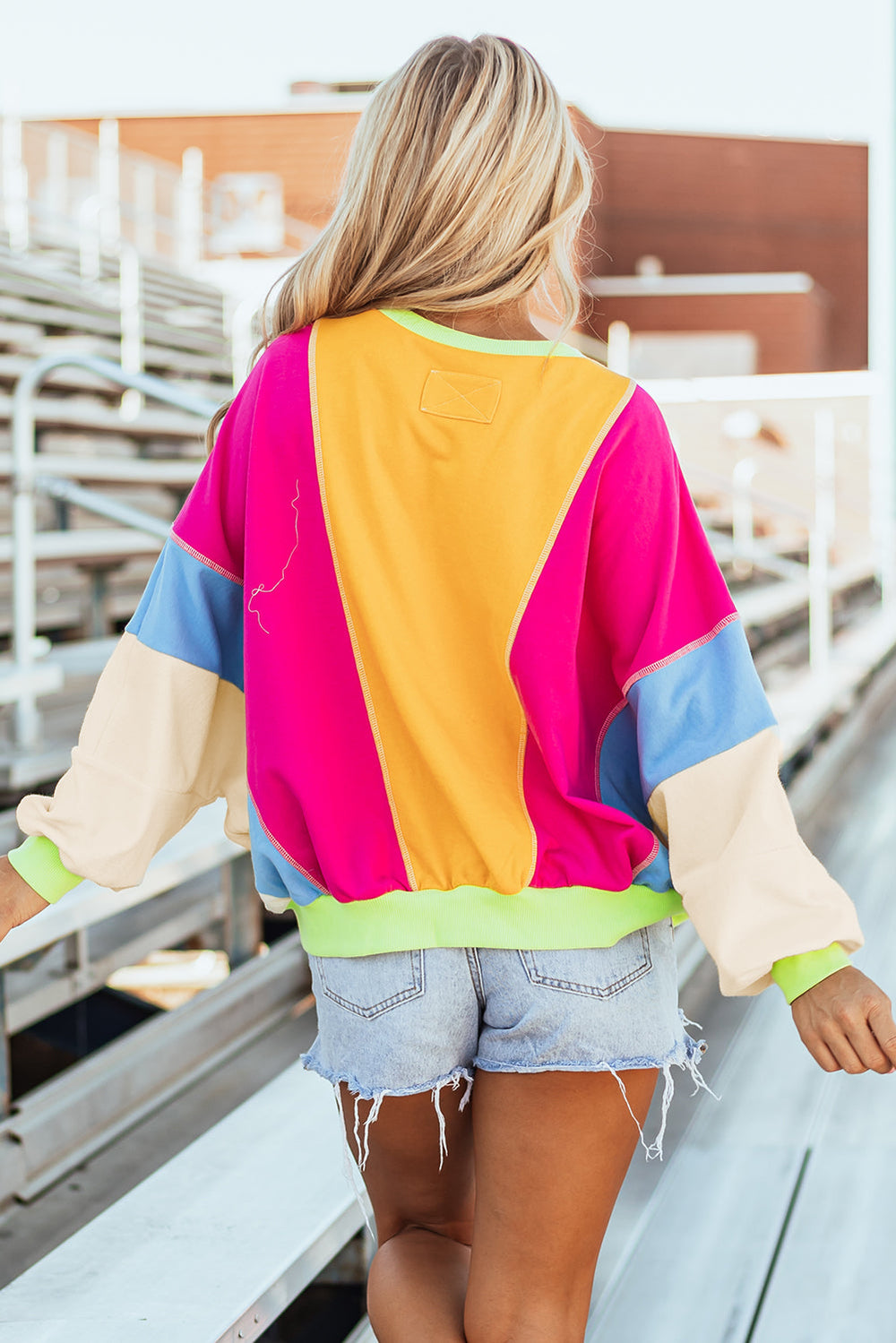 Colorblock Patchwork Exposed Stitching Oversize Top