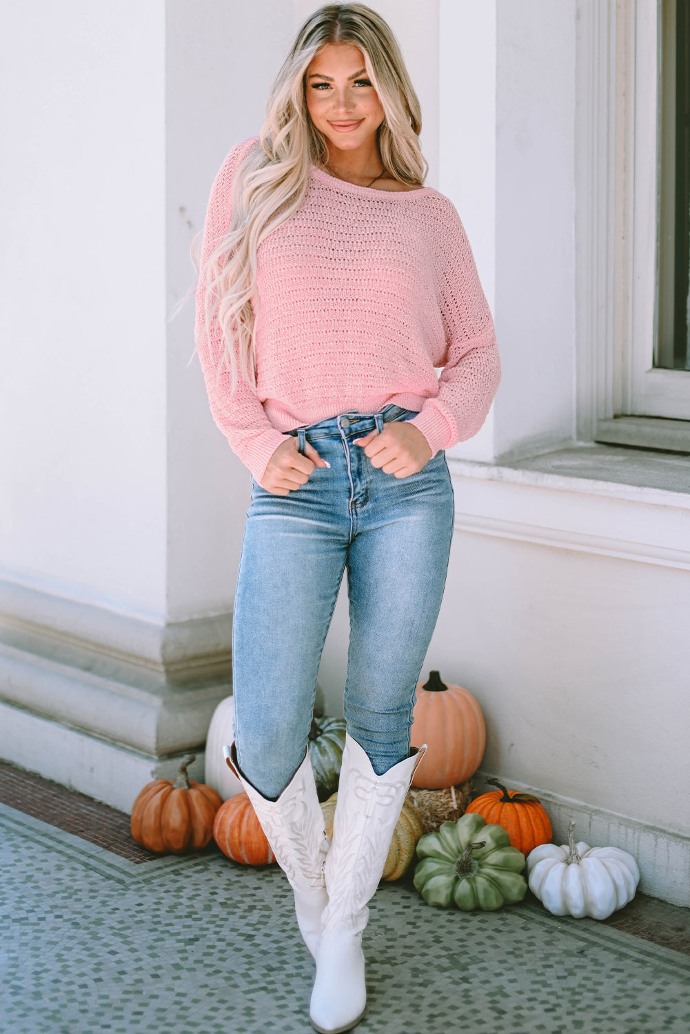 Knitted Eyelets Round Neck Long Sleeve Top