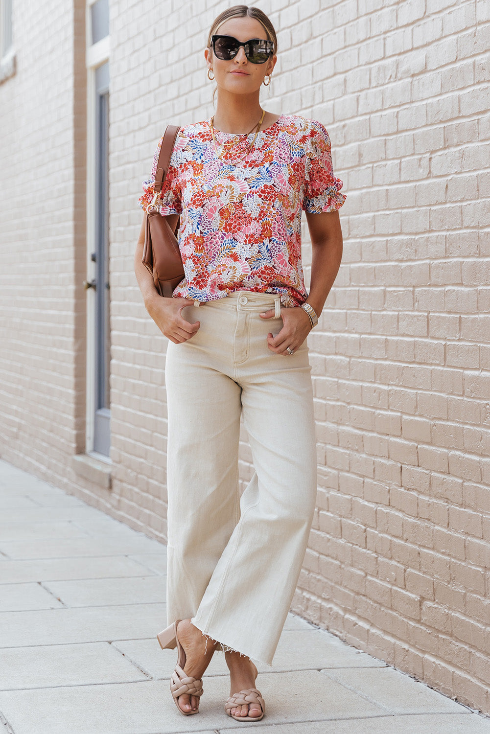 Mix Floral Pattern Bubble Sleeve Blouse