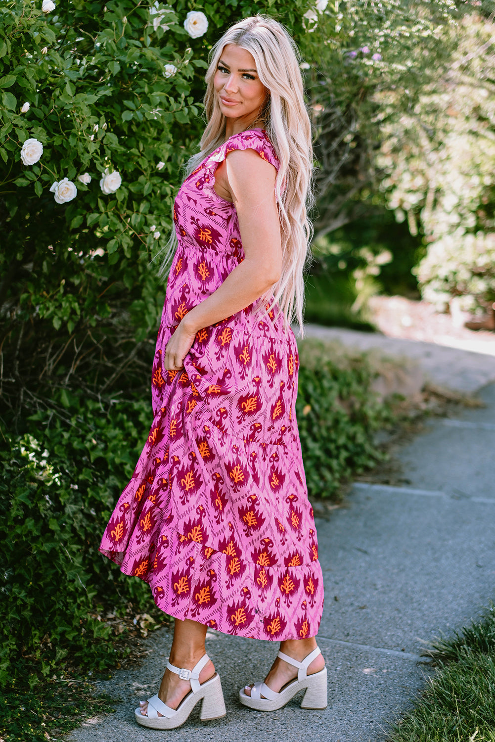 Retro Print Twisted Front Ruffled Sleeve Maxi Dress