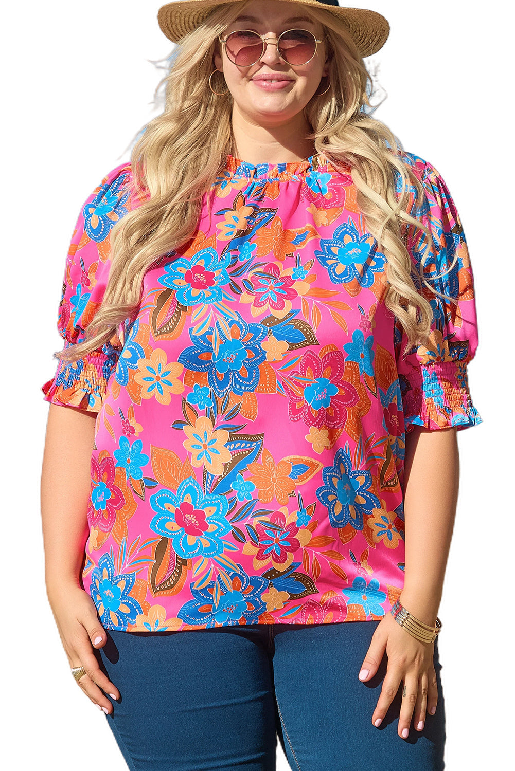 Plus Floral Print Frilly Neck Puff Sleeve Blouse