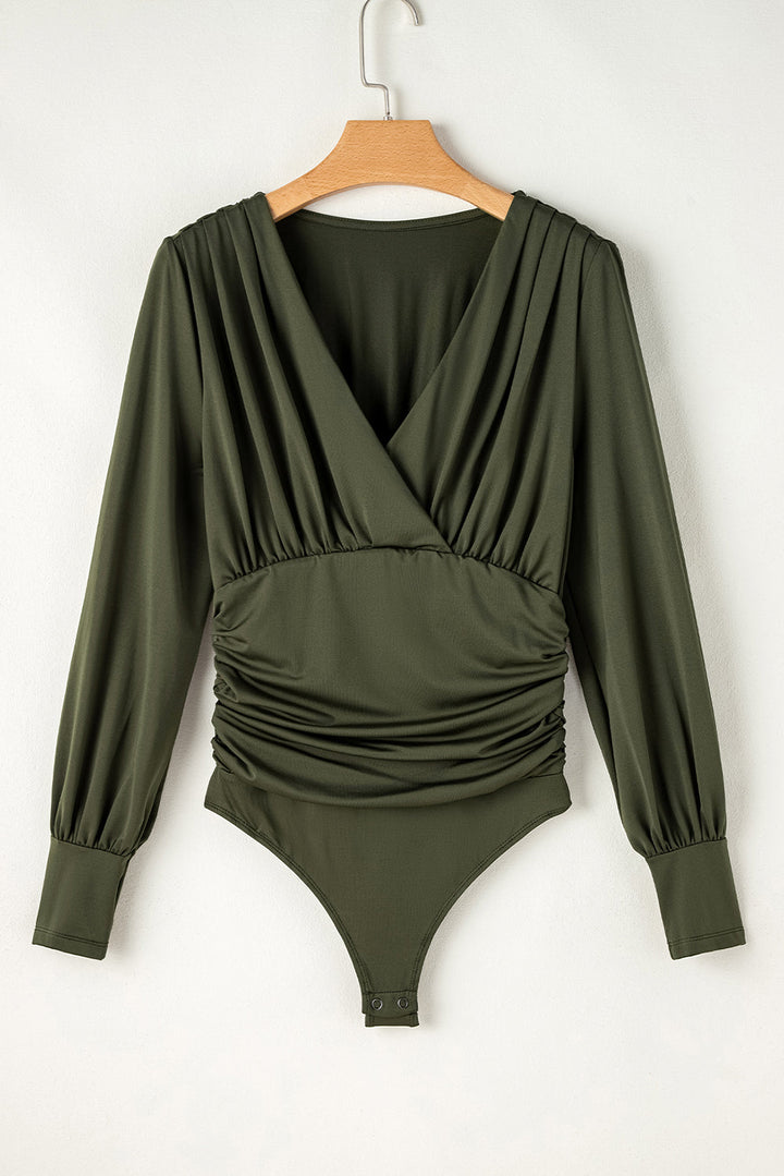 Ruched Wrap V Neck Long Sleeve Bodysuit