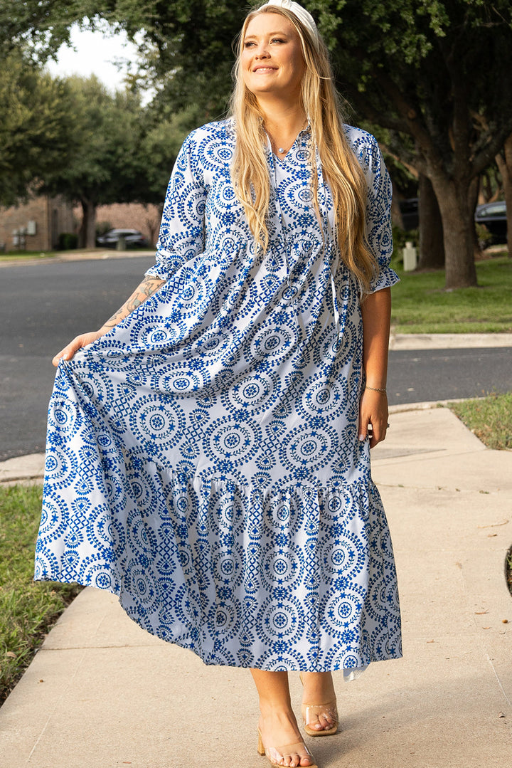 Geometric Print Lace-up Notch Neck Plus Size Maxi Dress