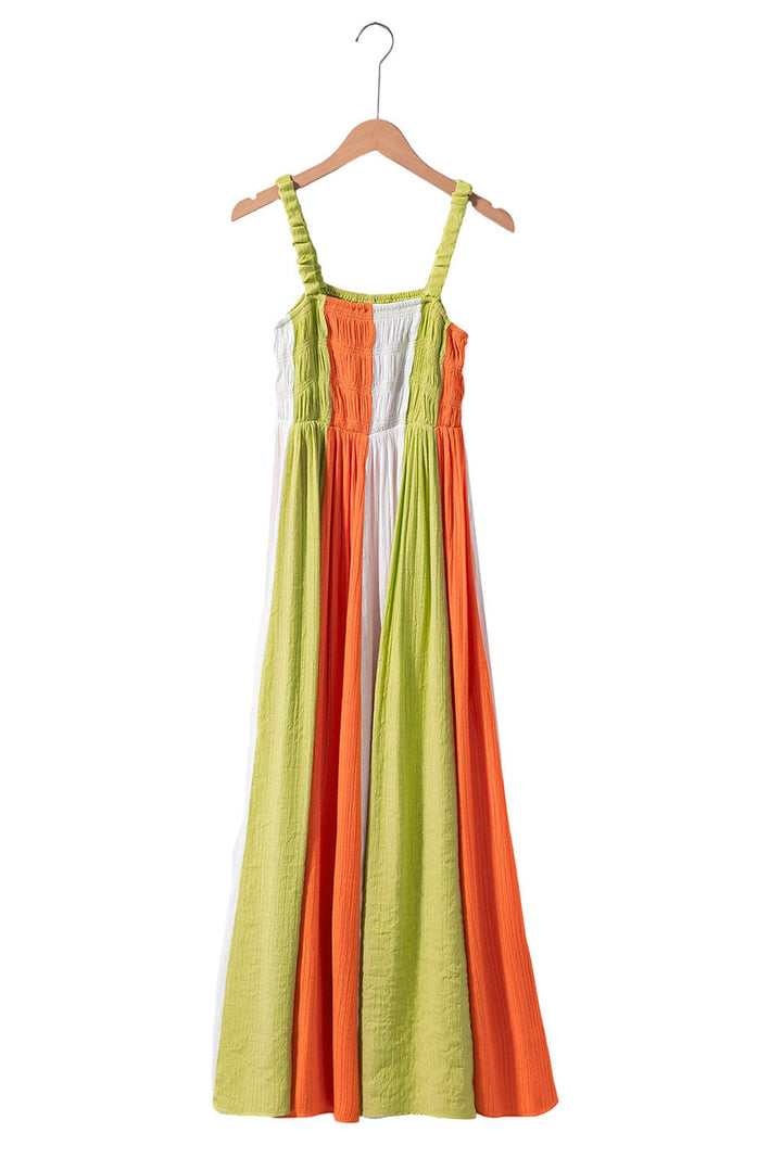 Color Block Shirred High Waist Fit and Flare Maxi Dress