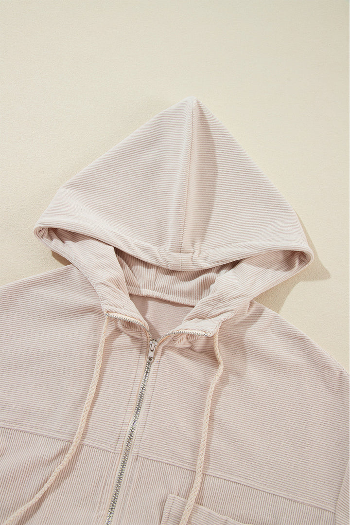 Corduroy Drawstring Hooded Pocket Zip Up Jacket