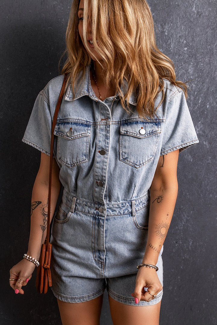 Vintage Washed Buttons Pocketed Denim Romper