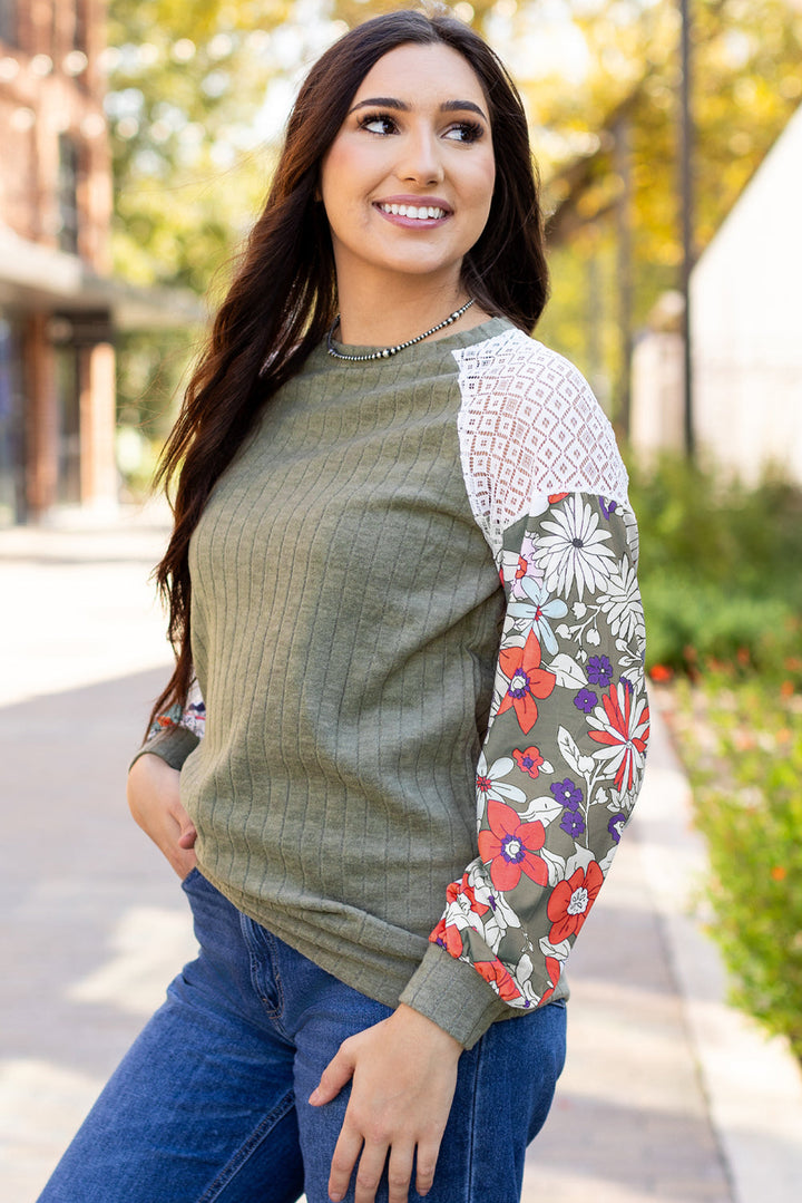 Floral Patchwork Long Sleeve Ribbed Blouse