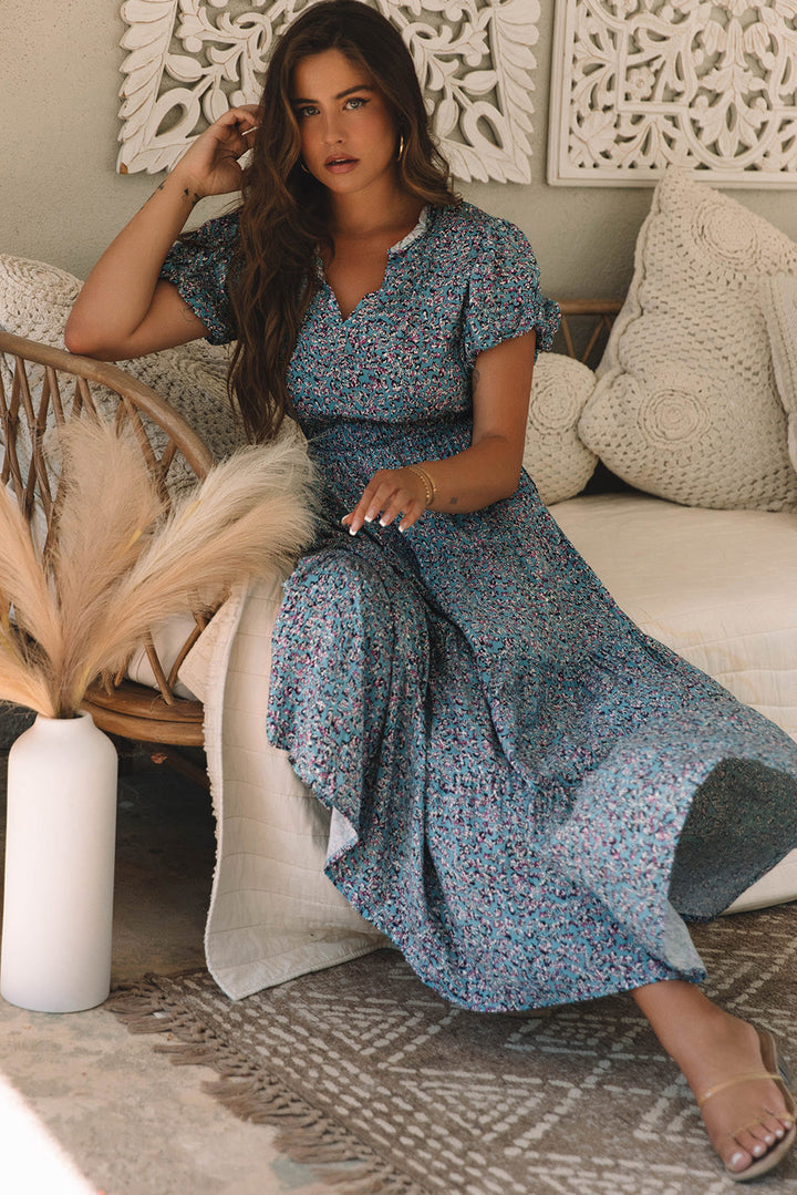 Printed V Neck Shirred Short Puff Sleeve Maxi Dress