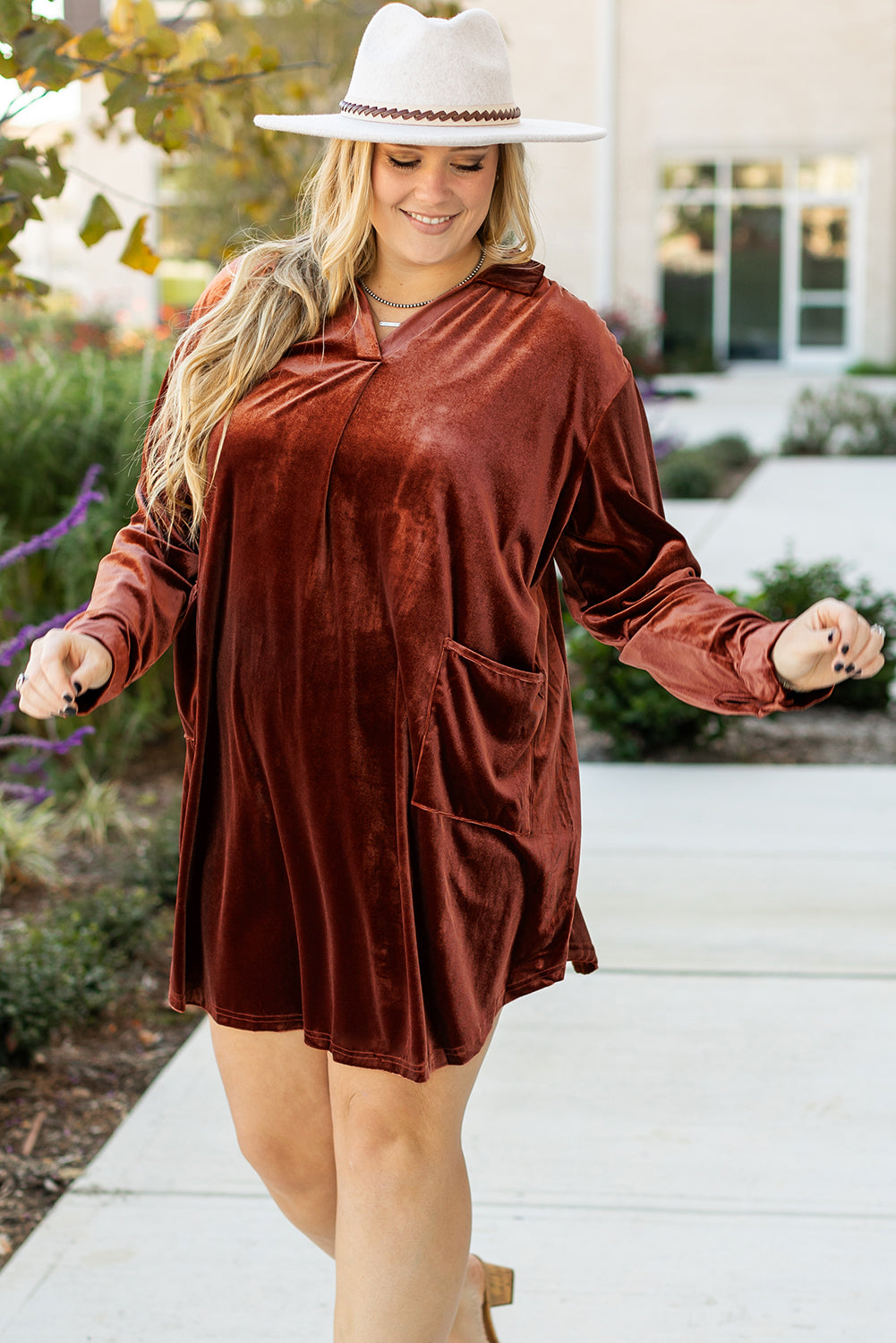 Plus Size V Neck Collared Pleated Back Rounded Hem Velvet Dress