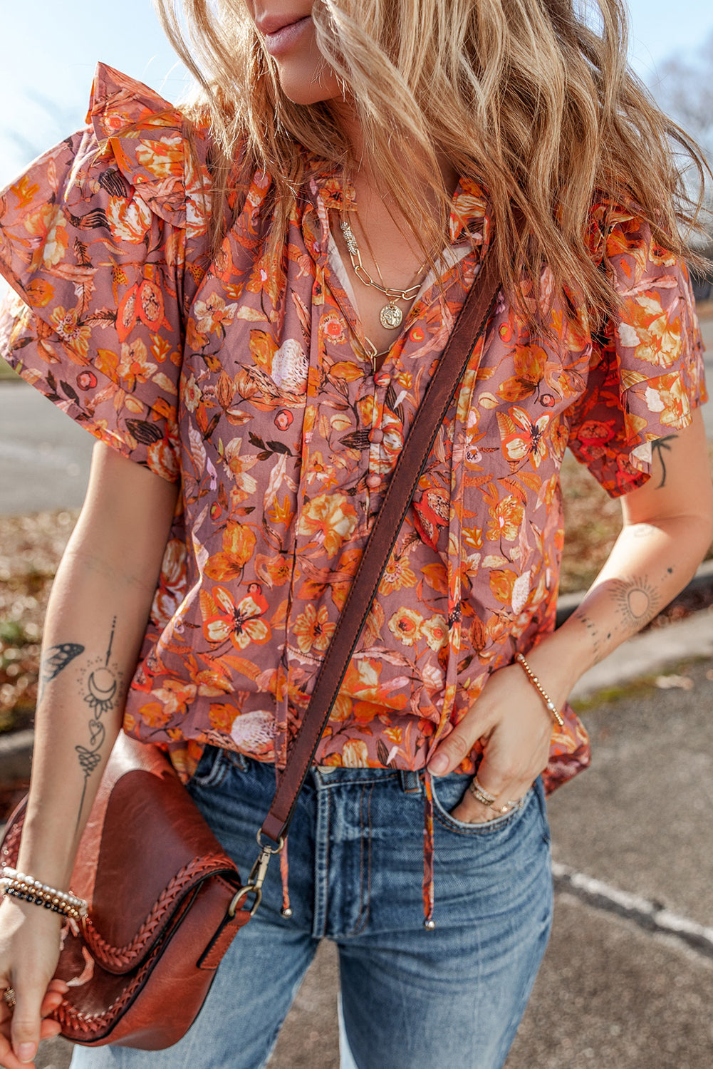 Floral Print Ruffled Flutter Sleeve Frilled V Neck Blouse