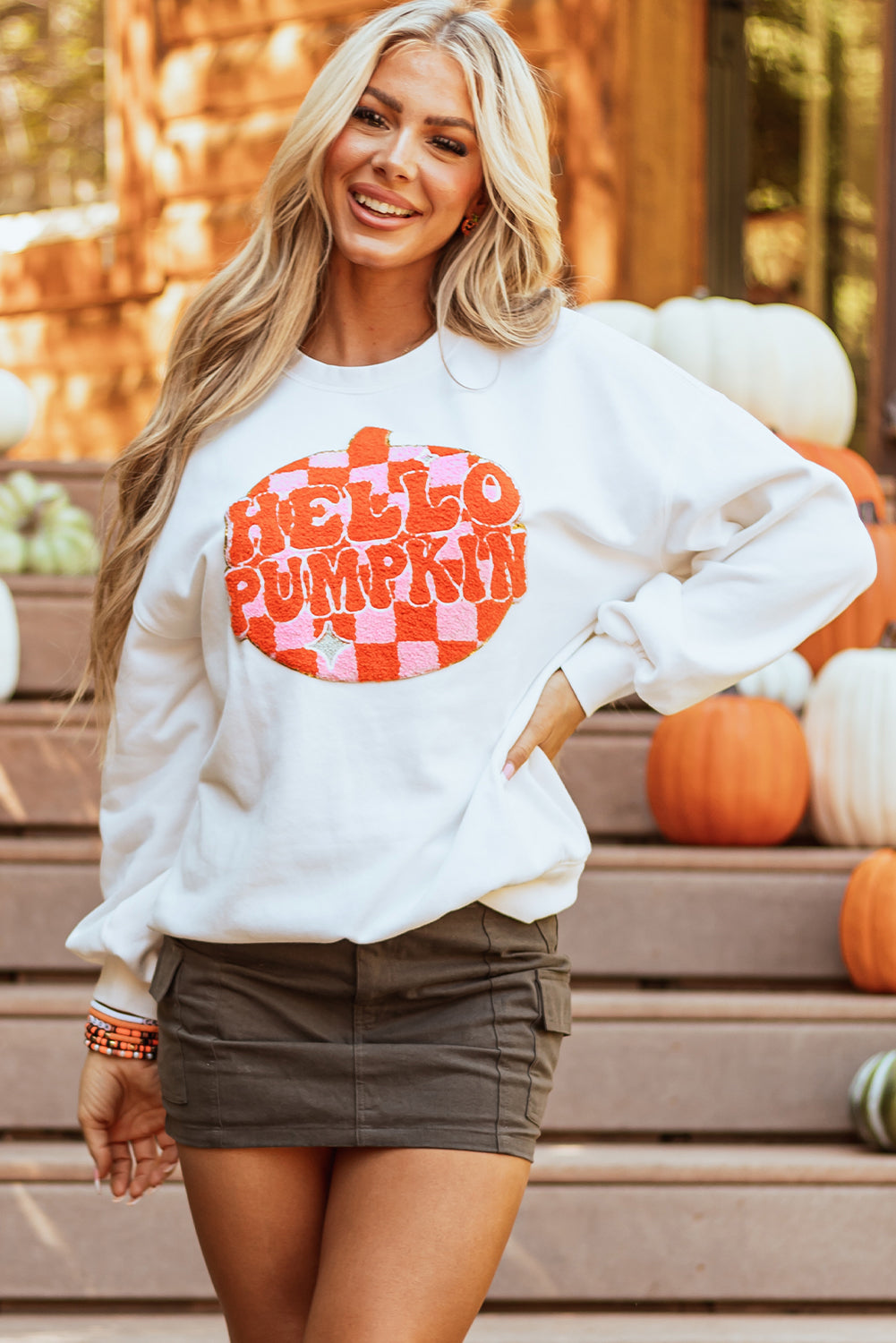 Terry Halloween Pumpkin Patched Pattern Pullover Sweatshirt