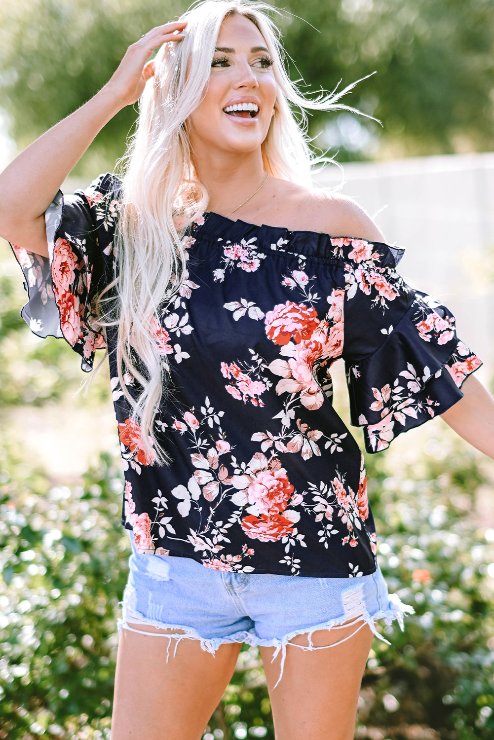 Ruffle Off Shoulder Flounce Sleeve Floral Blouse