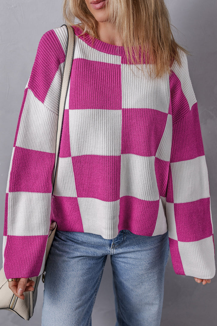 Checkered Round Neck Baggy Sweater