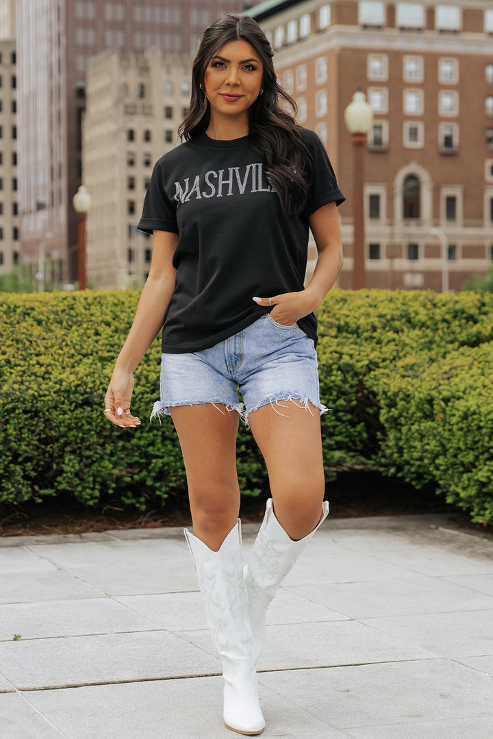 Rhinestone NASHVILLE Graphic Crewneck T Shirt