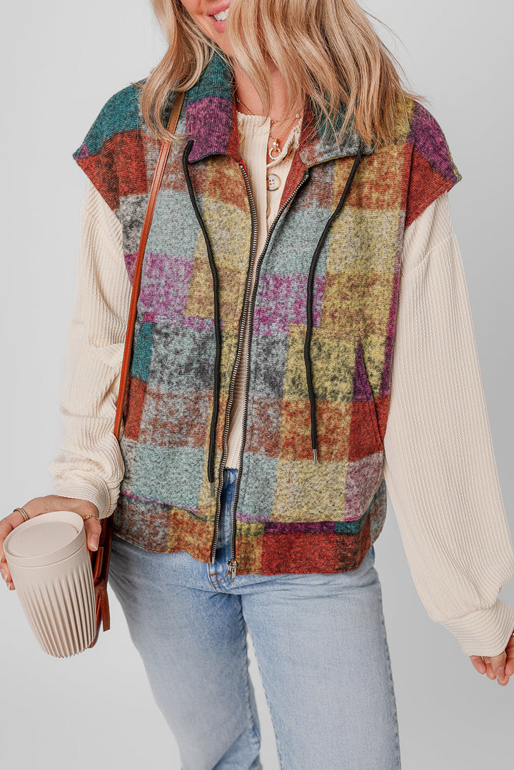 Plaid Print Side Pockets Zipped Loose Vest