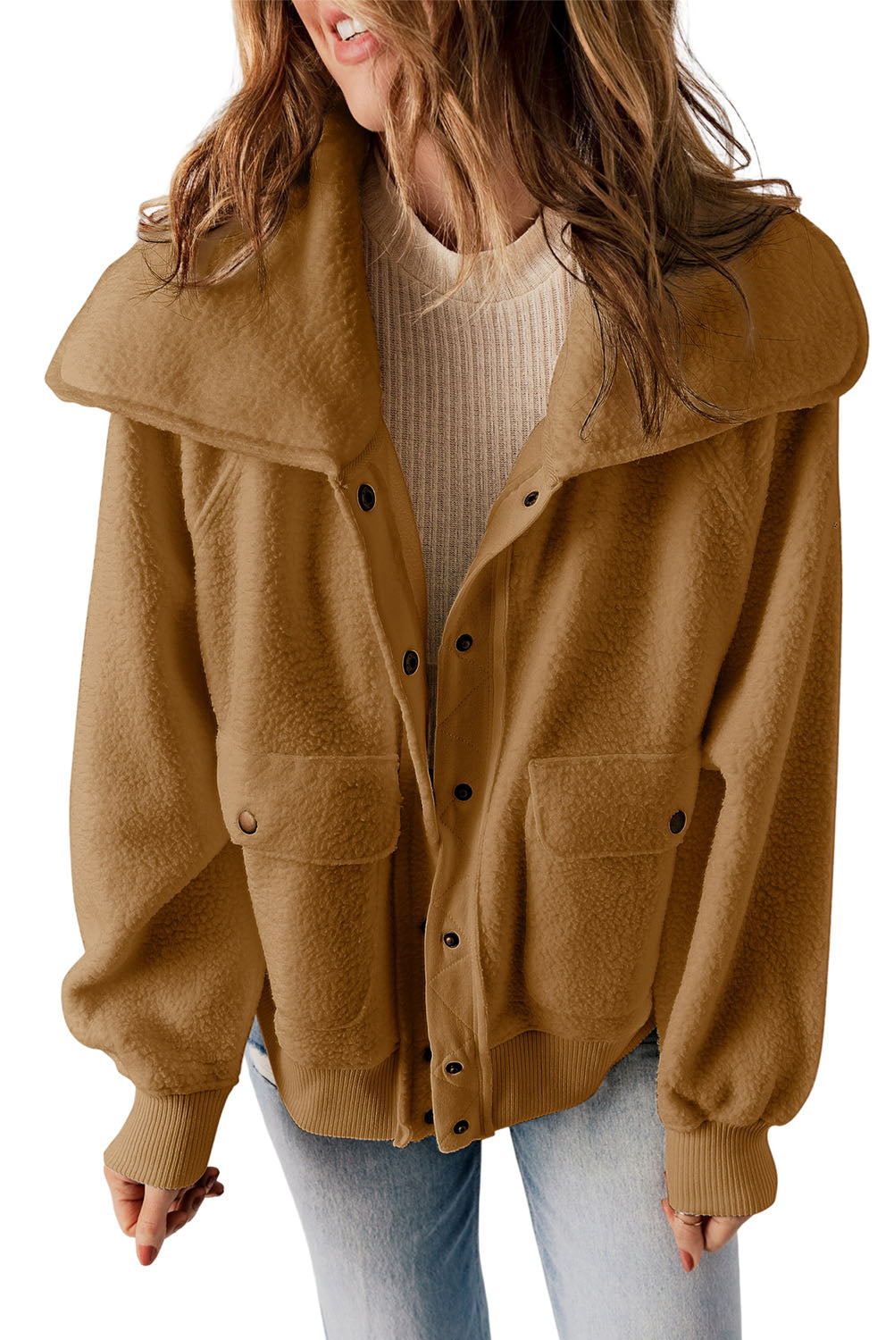 Button Flap Pocket Spread Collar Fleece Jacket