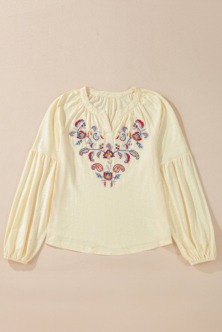 Paisley Floral Embroidered Notch V Neck Blouse