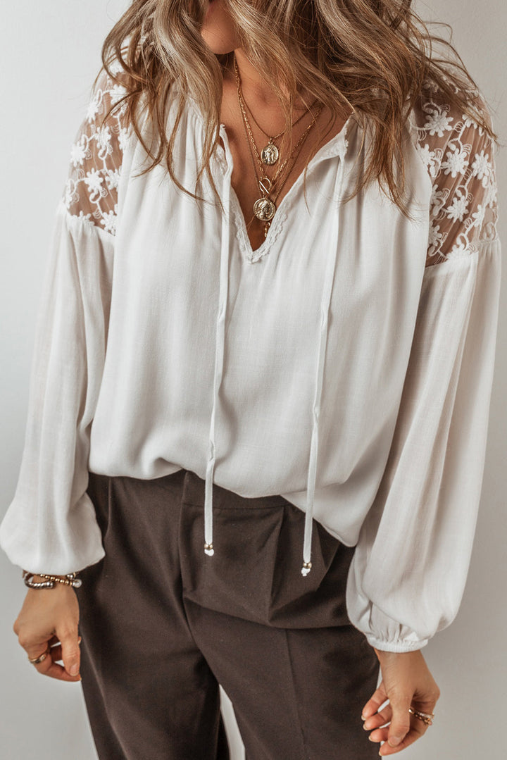 Floral Lace Patchwork Puff Sleeve Tied V Neck Blouse