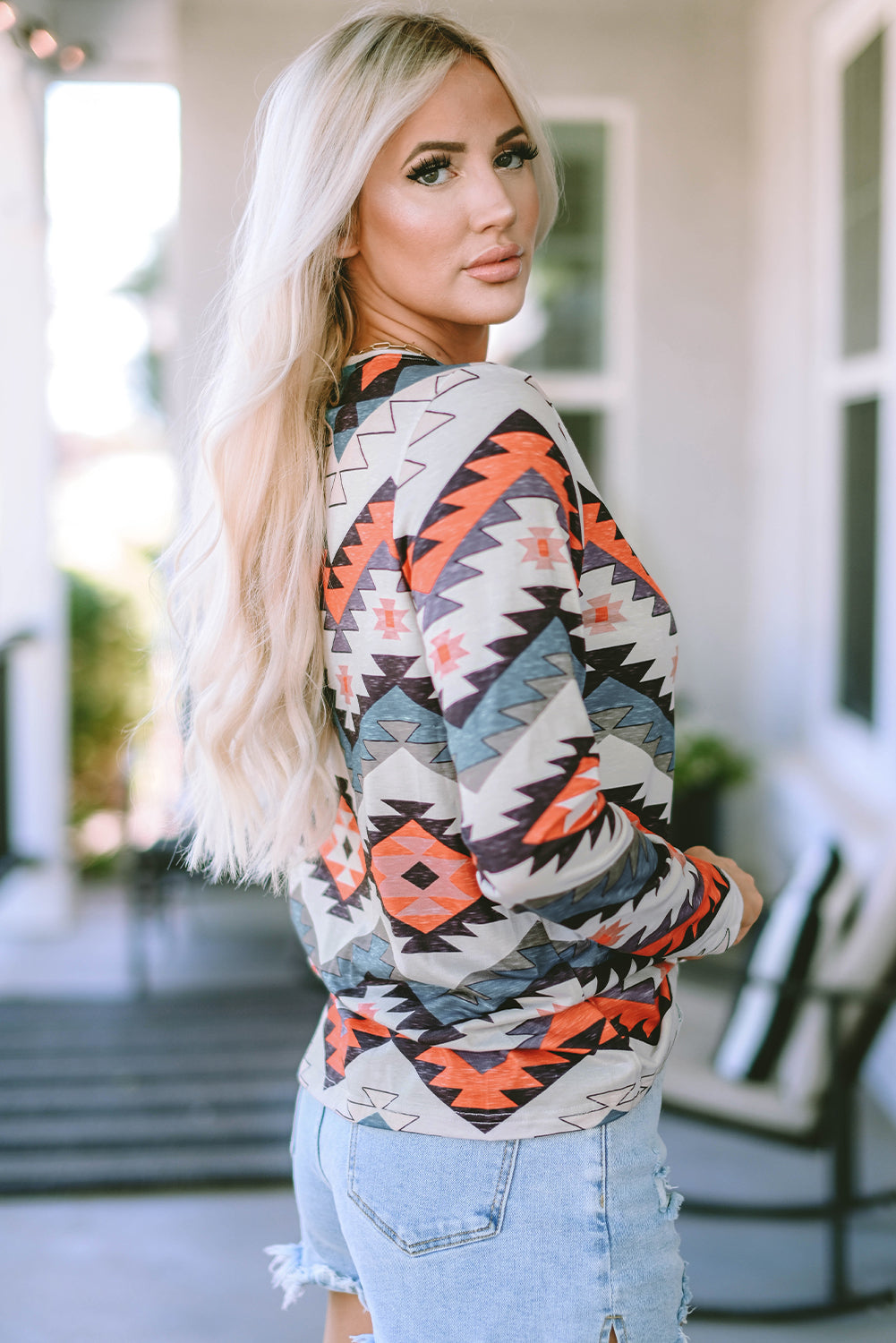 Aztec Print V Neck Long Sleeve Top