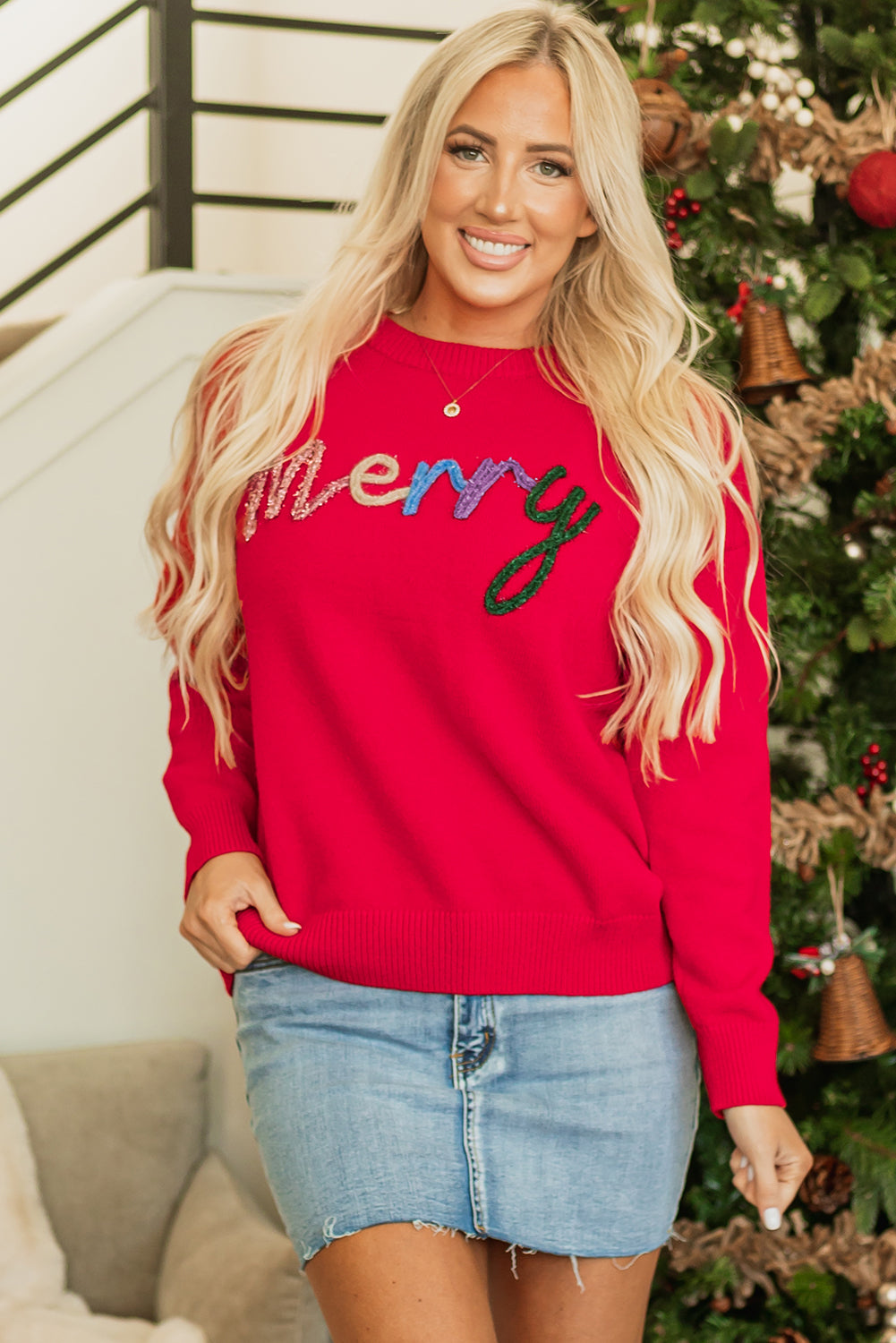 Tinsel Merry Letter Drop Shoulder Baggy Sweater