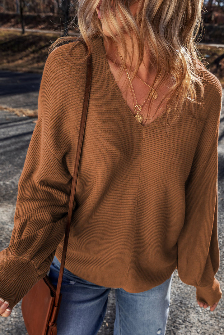 Ribbed Knit Drop Sleeve V Neck Loose Fit Sweater