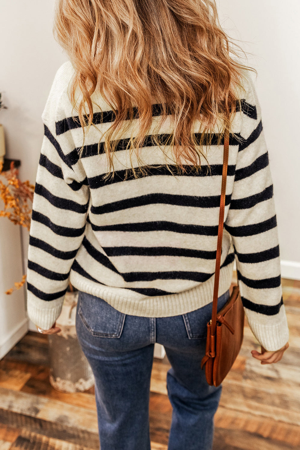 Striped Knit Drop Shoulder Collared V Neck Sweater