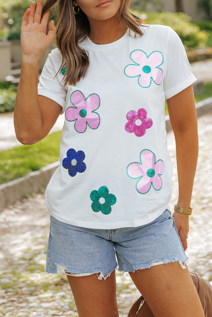 Sequined Flower Pattern Round Neck T Shirt