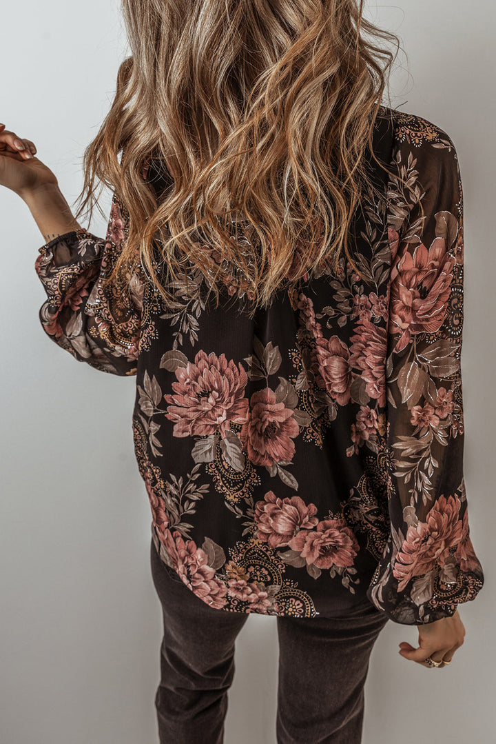 Floral Print Criss Cross V Neck Balloon Sleeve Blouse