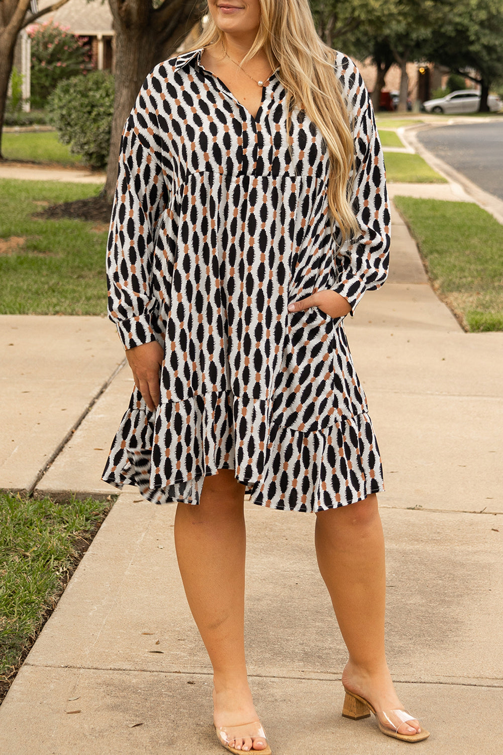 Geometric Print Collared V Neck Plus Size Mini Dress