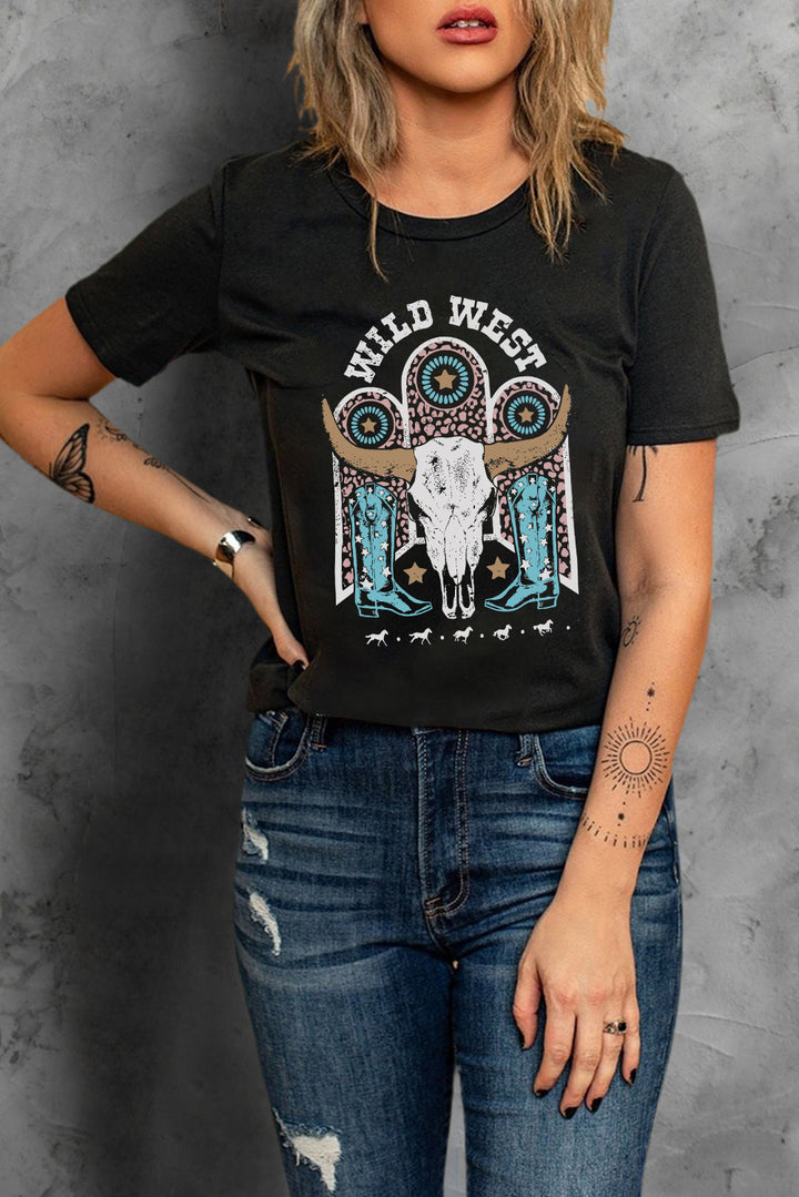 WILD WEST Steer Skull Graphic T Shirt