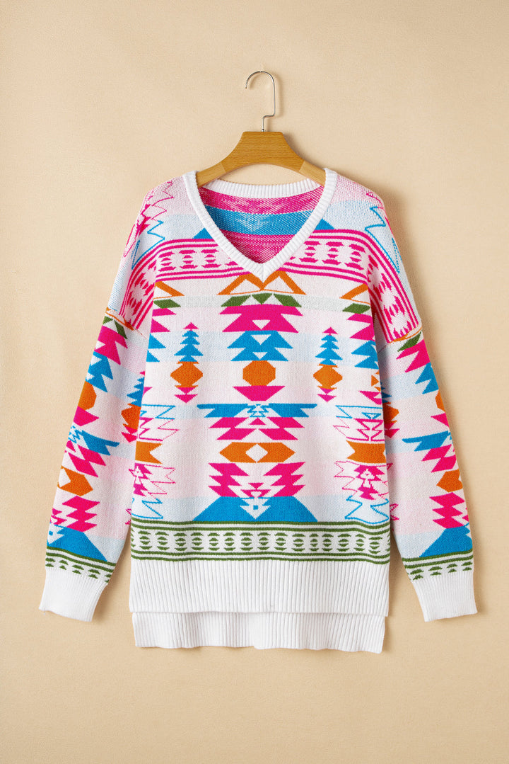 Oversize Aztec Print High Low V Neck Sweater