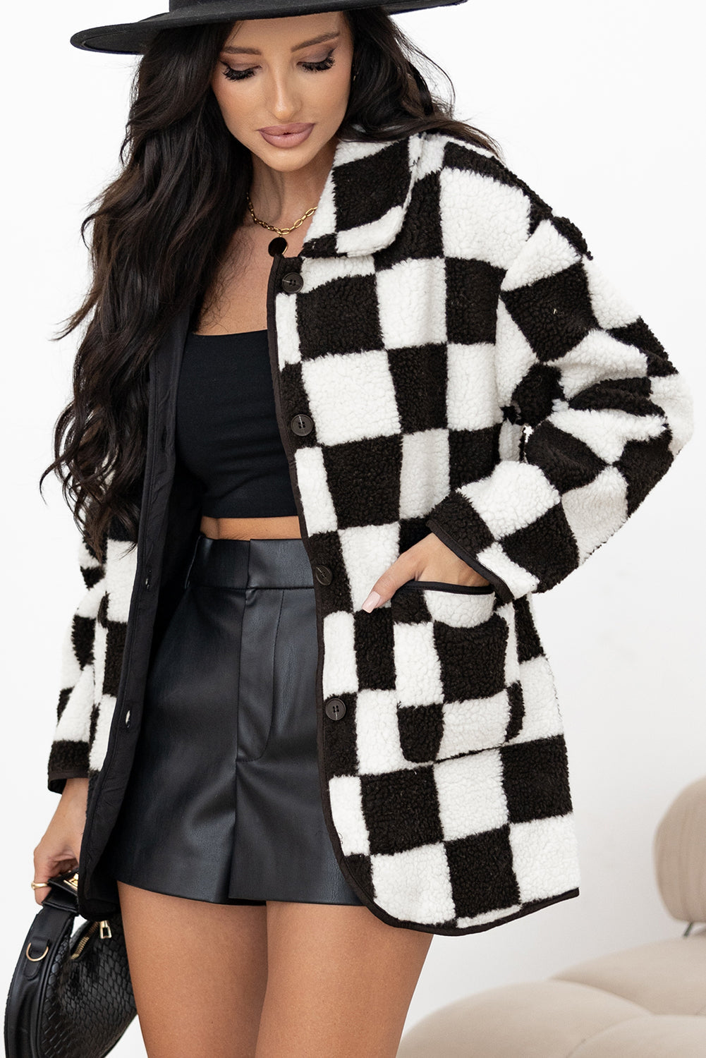 Checkered Side Pockets Collared Buttoned Fleece Jacket