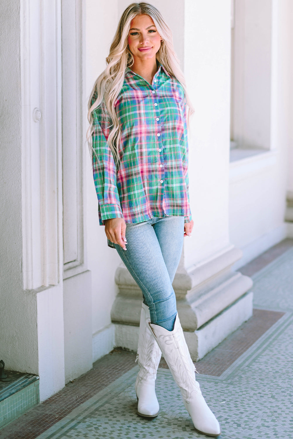 Plaid Long Sleeve Button Down Split Shirt