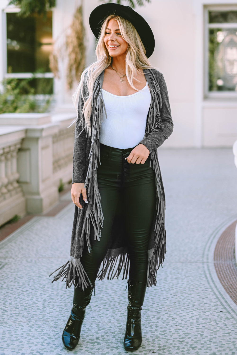 Fringed Hem Pocketed Open Cardigan