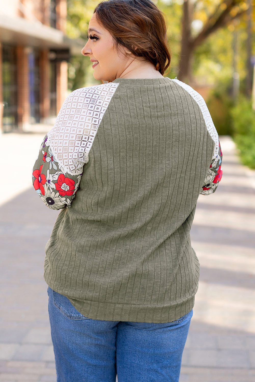 Plus Size Textured Floral Patchwork Raglan Sleeve Blouse