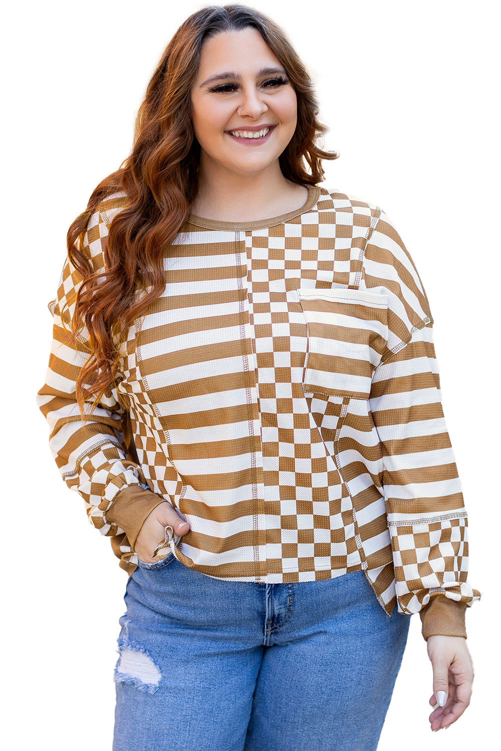 Striped Checkered Mixed Print Chest Pocket Casual Plus Size Top