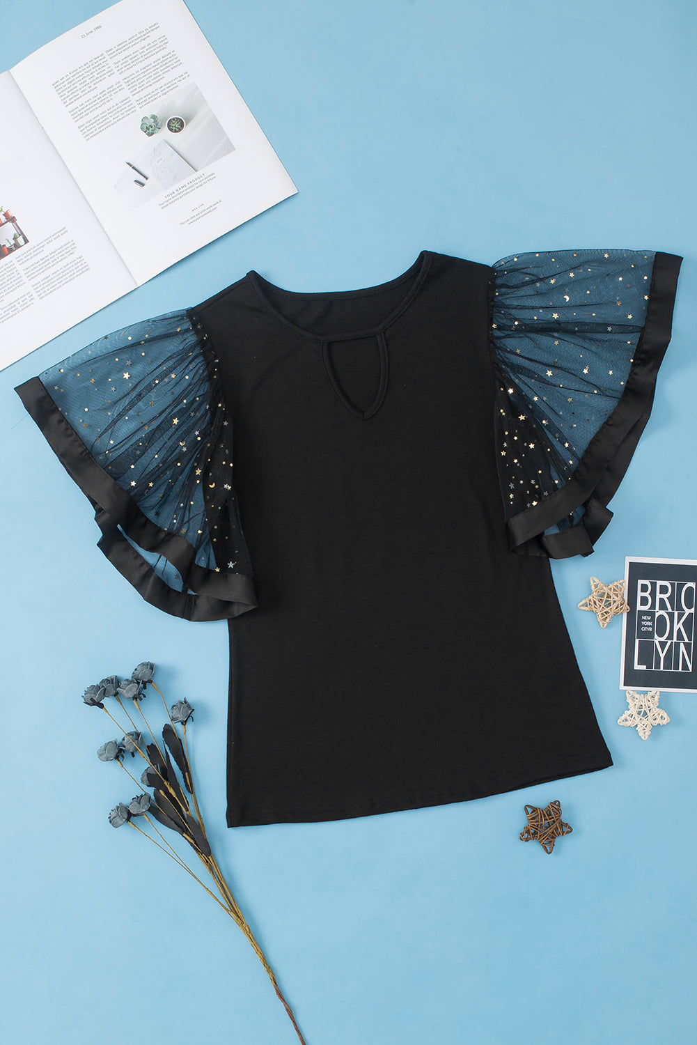 Black Starry Mesh Flutter Sleeve Slim Fit Top