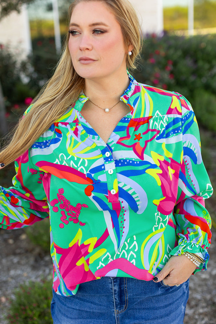 Abstract Printed Flounce Sleeve V Neck Buttoned Plus Size Blouse