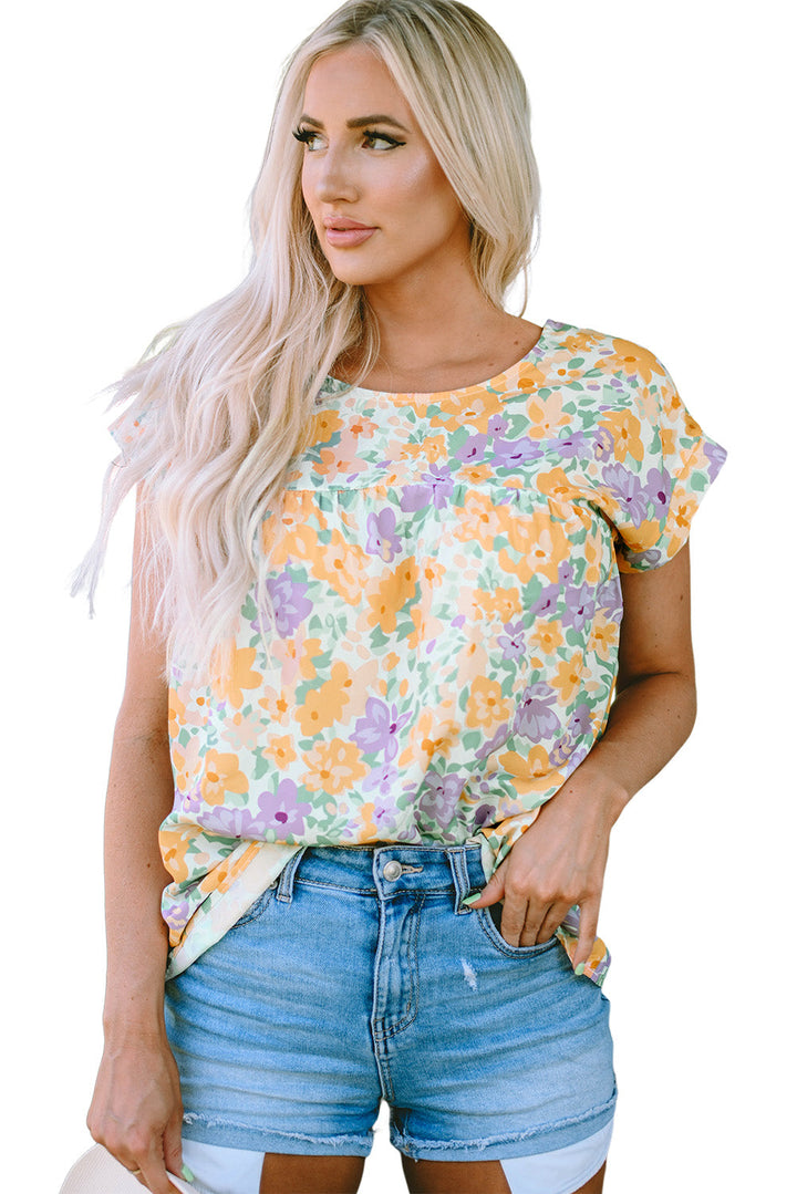 Floral Print Keyhole Back Short Sleeve Babydoll Blouse