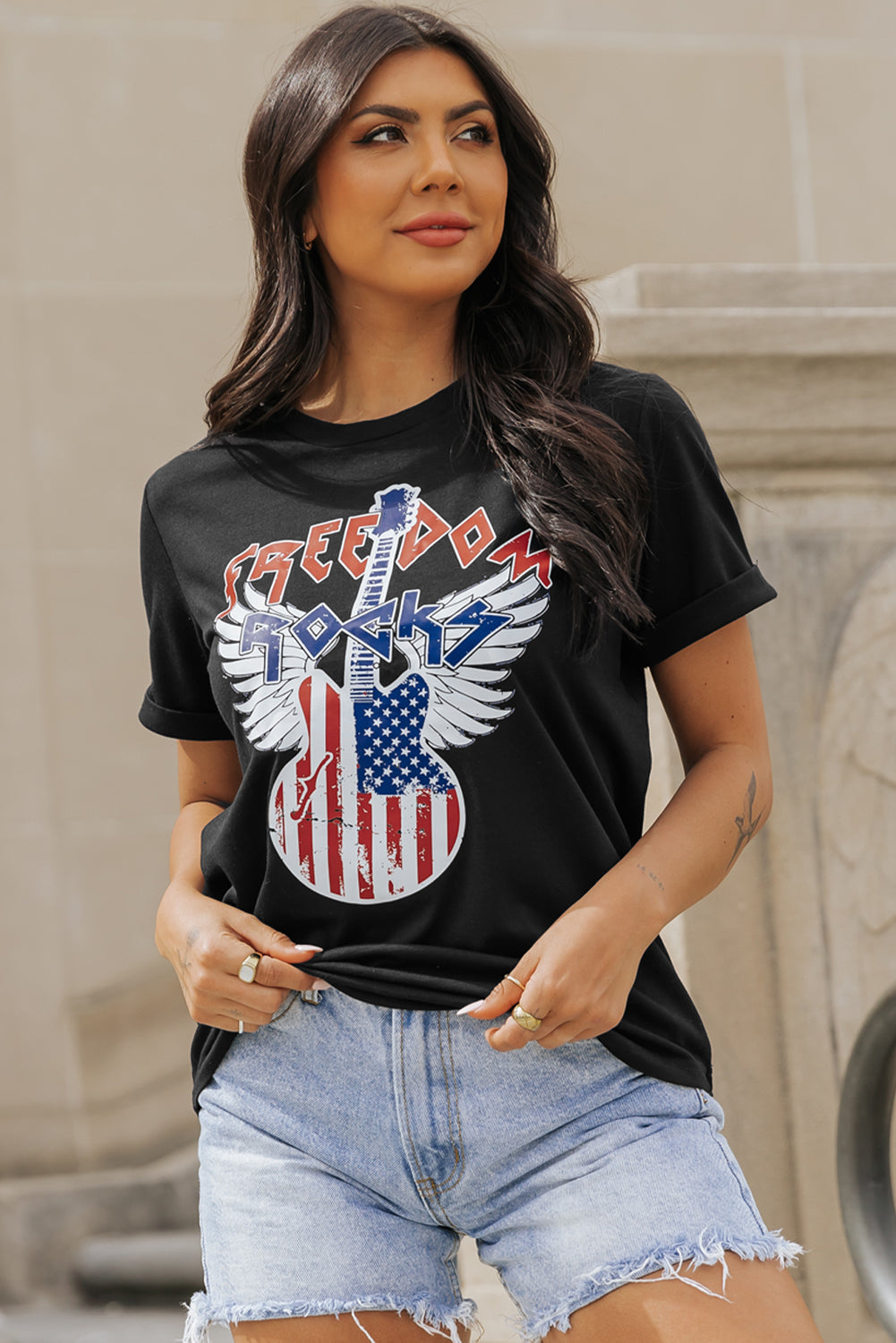 American Flag Guitar Print Crew Neck Tee